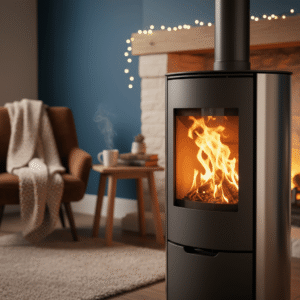 Draaide pelletkachel die warmte en sfeer geeft in een moderne woonkamer