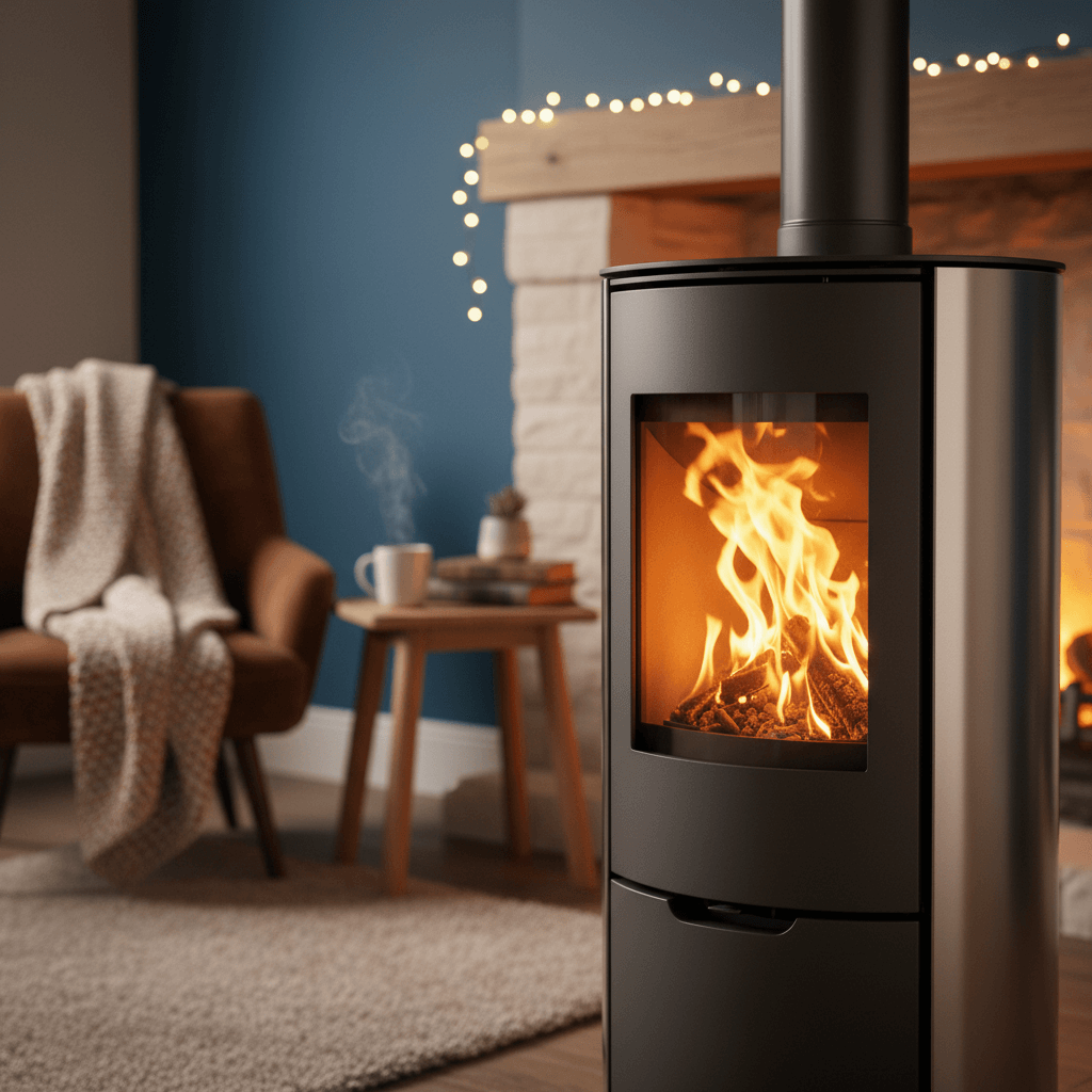 Draaide pelletkachel die warmte en sfeer geeft in een moderne woonkamer