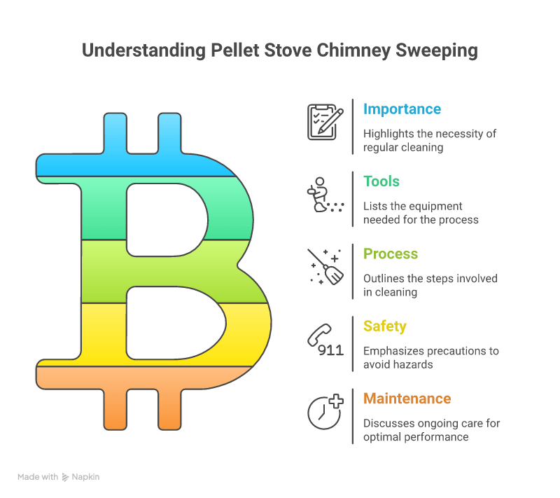 Infographic overzicht van het stapsgewijze schoorsteenveegproces bij een pelletkachel