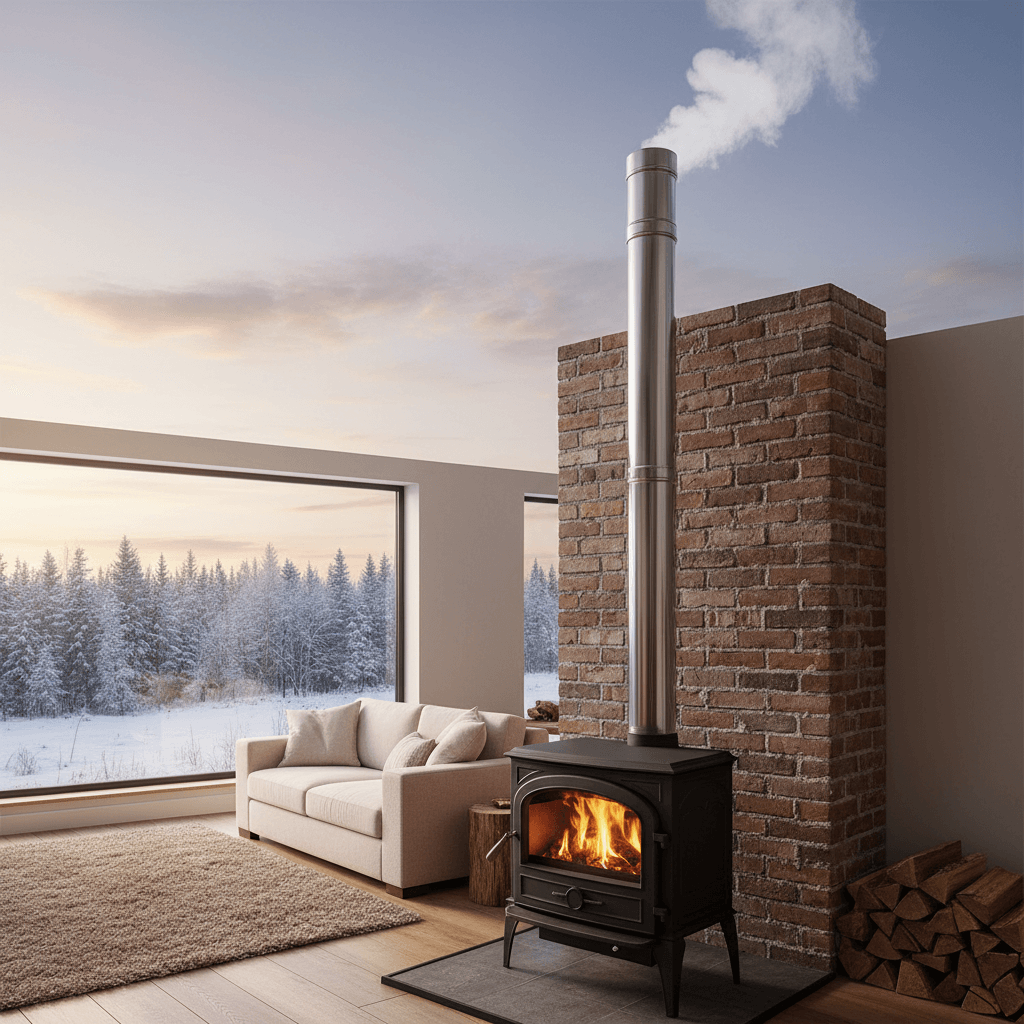 Schoorsteen met rookafvoer en pelletkachel in een woonruimte