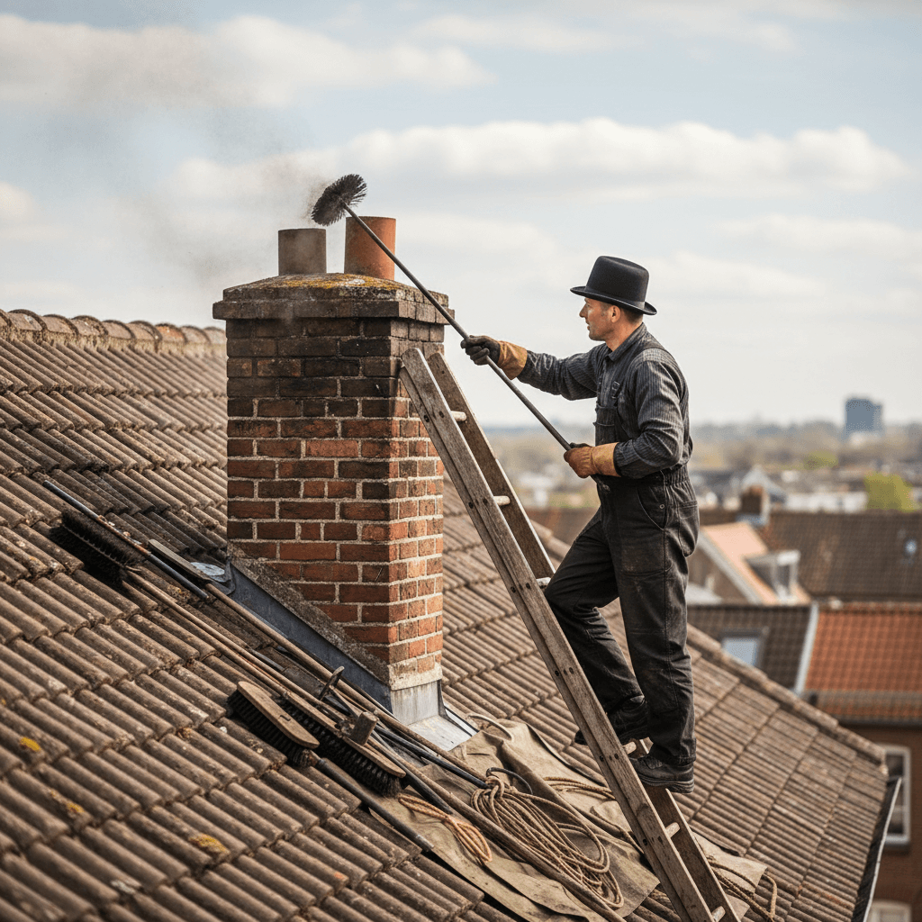 Schoorsteenveger die met speciaal gereedschap een pelletkachel en schoorsteen reinigt