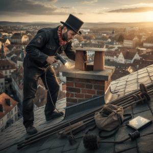 een professionele schoorsteenveger controleert een schoorsteen voor veiligheid