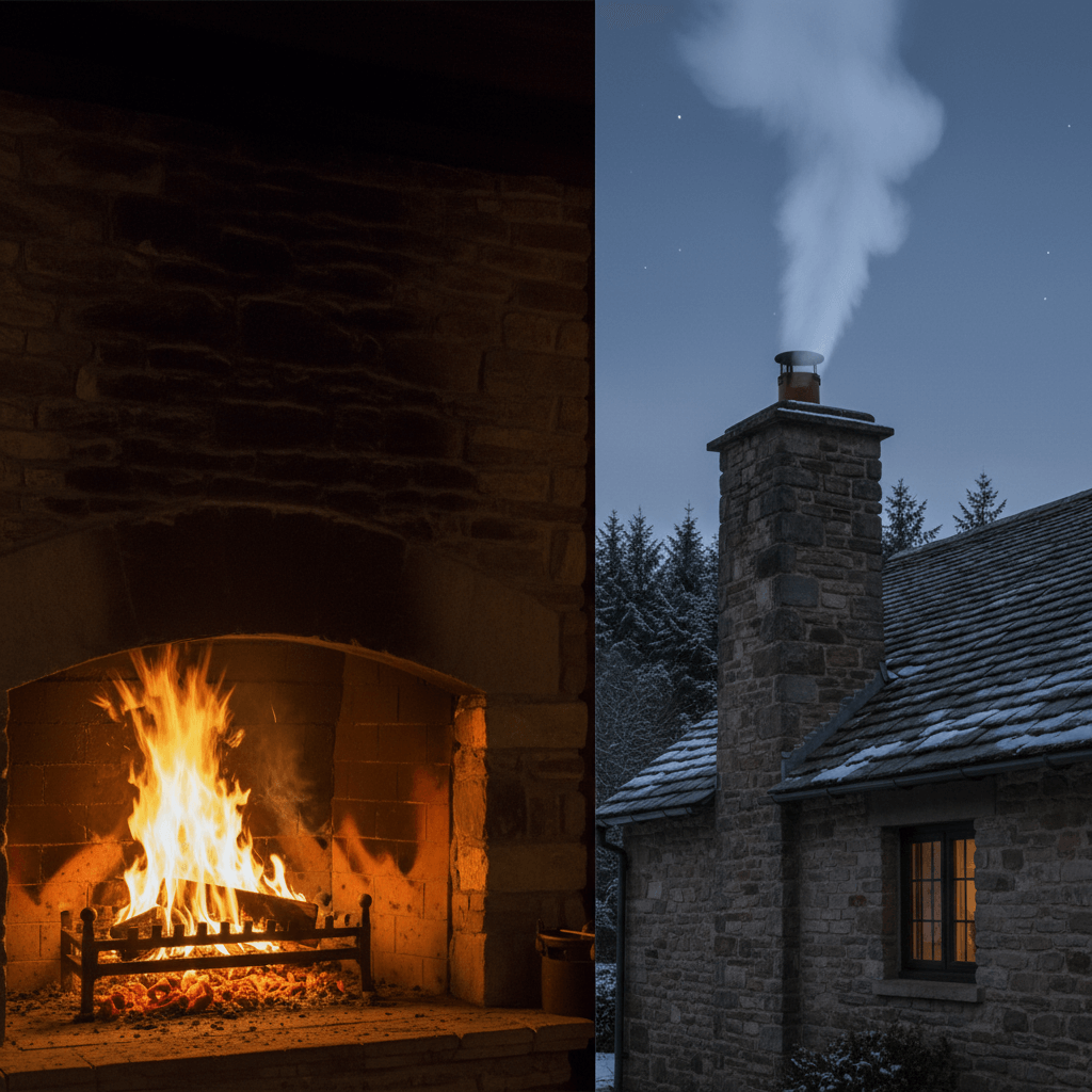 haardvuur met rook die veilig via schoorsteen naar buiten wordt afgevoerd