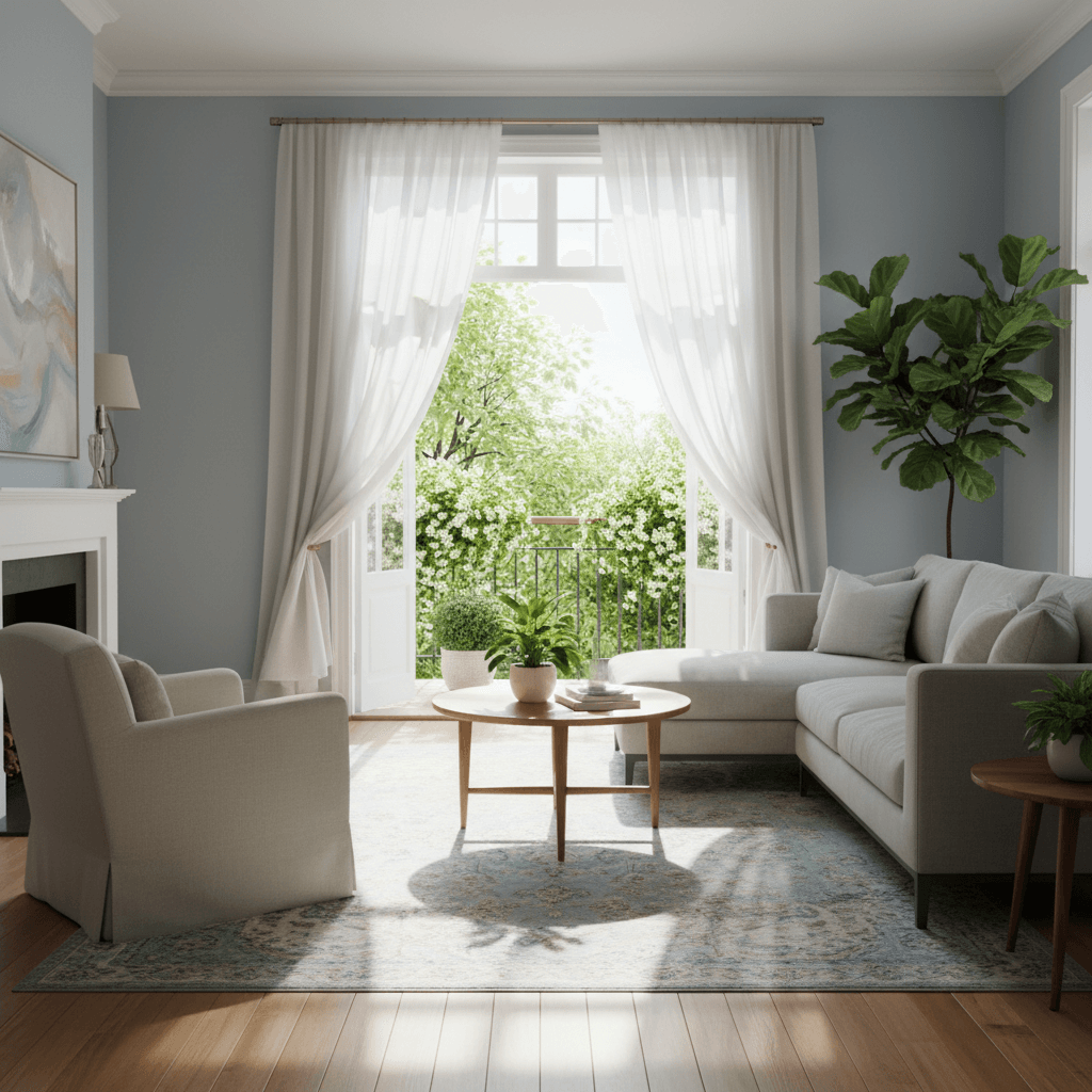 lichte woonkamer met open ramen en frisse luchtcirculatie