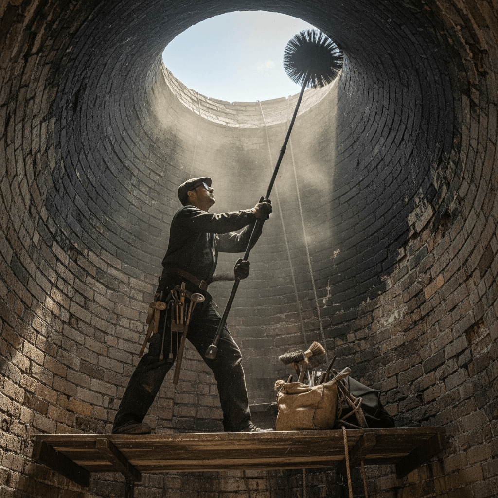 professionele schoorsteenveger die roet verwijdert met borstels in een schoorsteen