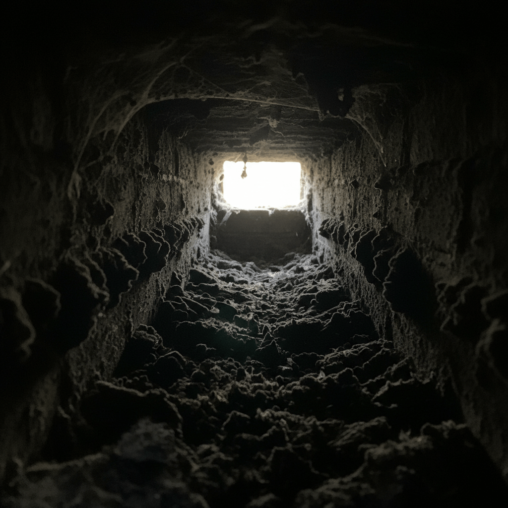 schoorsteen met roetophoping aan binnenwand