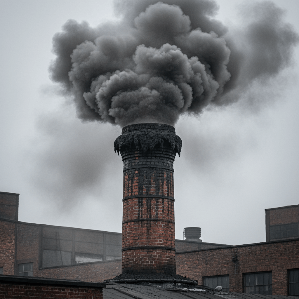 schoorsteen met zichtbare roetophoping en rook