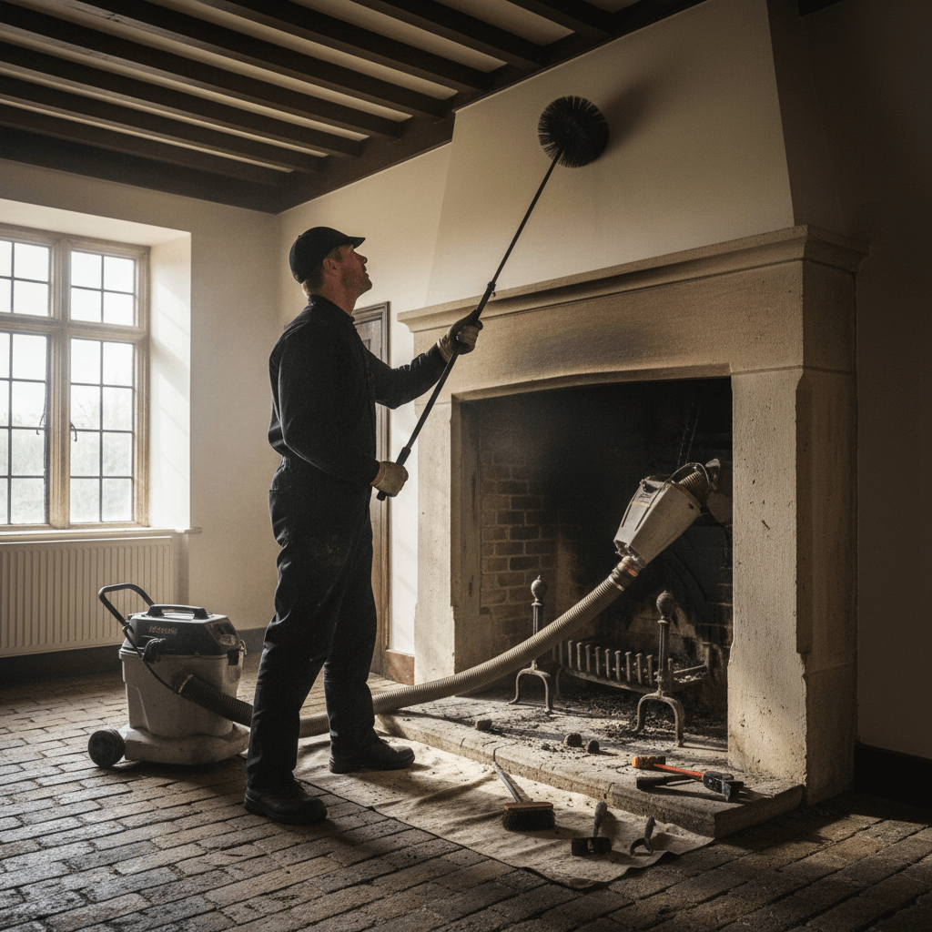schoorsteenveger reinigt schoorsteen met professionele apparatuur