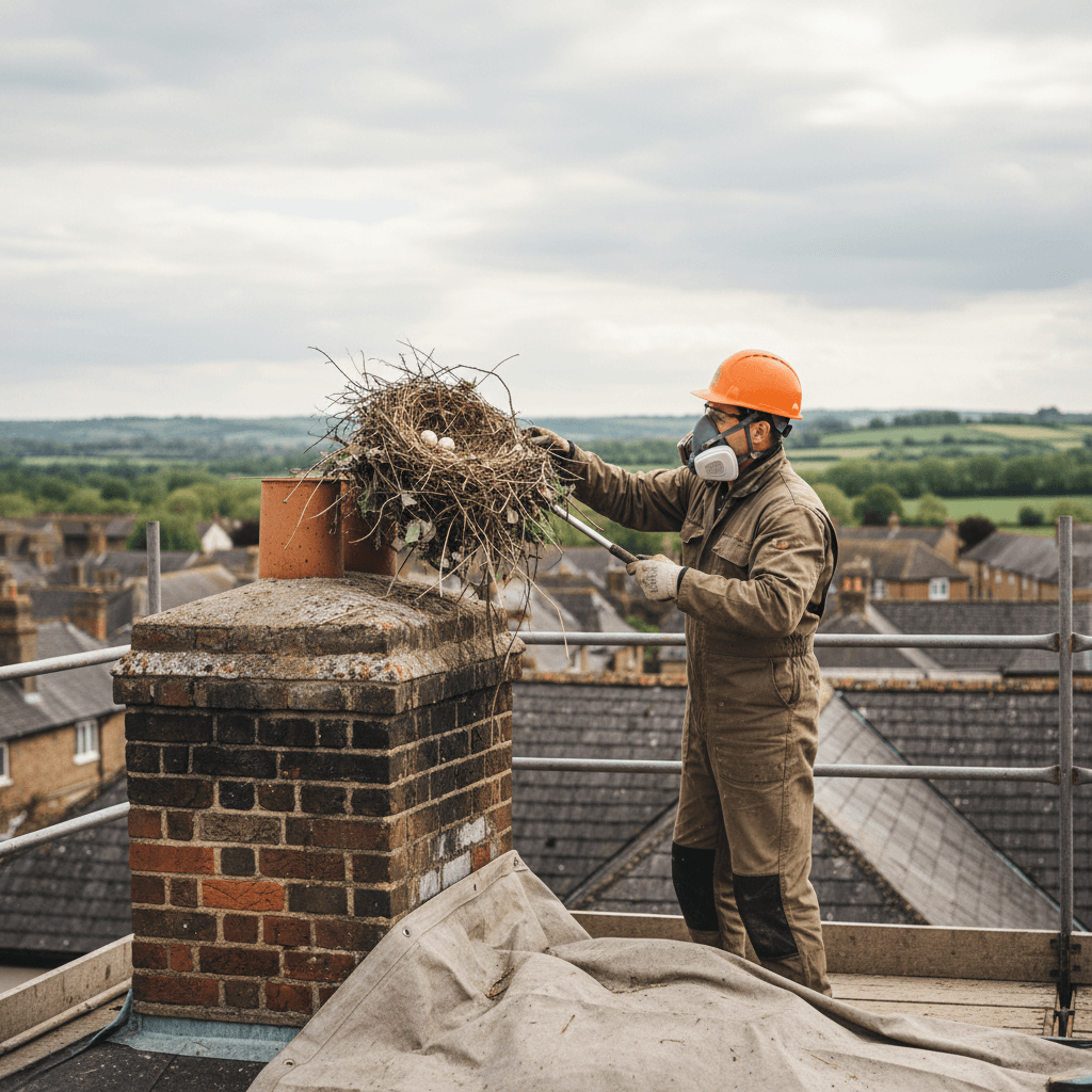 veilig verwijderen van een vogelnest uit een schoorsteen door een persoon met beschermingsmiddelen