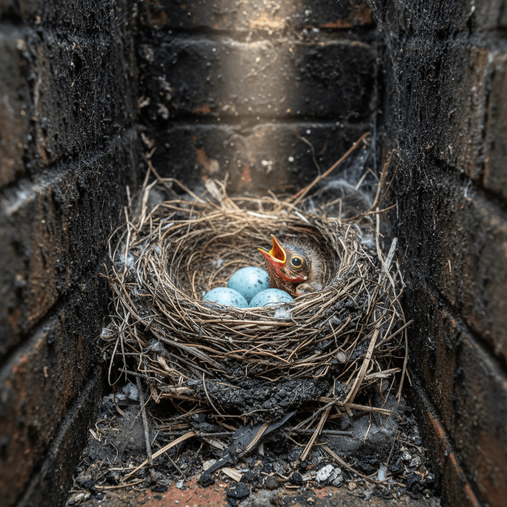 vogelnest gelegen in de opening van een schoorsteen
