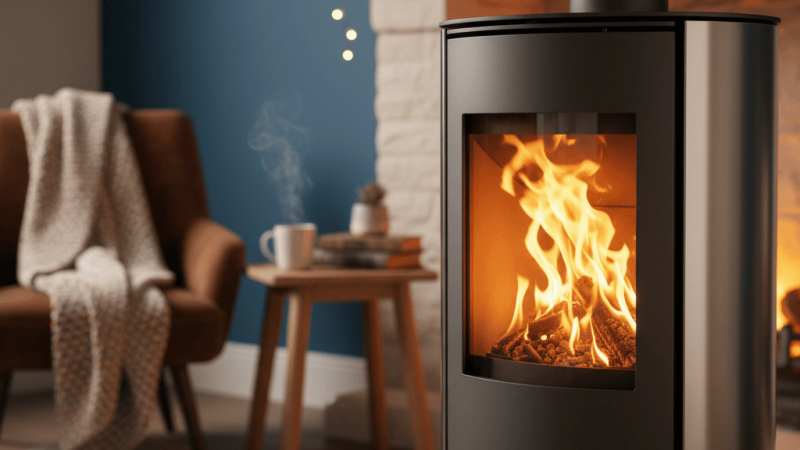 Draaide pelletkachel die warmte en sfeer geeft in een moderne woonkamer