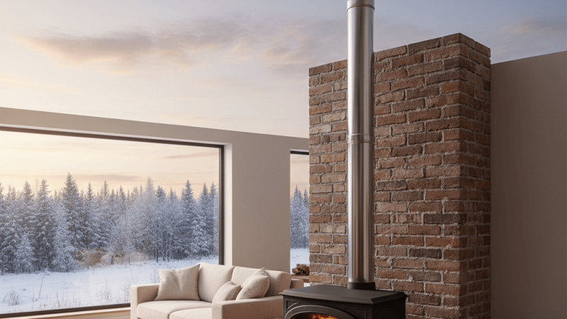 Schoorsteen met rookafvoer en pelletkachel in een woonruimte