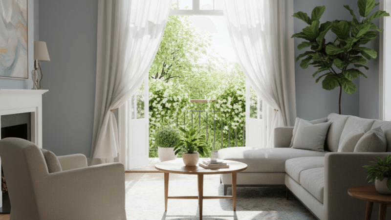 lichte woonkamer met open ramen en frisse luchtcirculatie